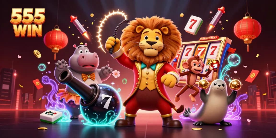 Engage in thrilling 555 WIN casino action with vibrant characters amidst dynamic gaming elements.