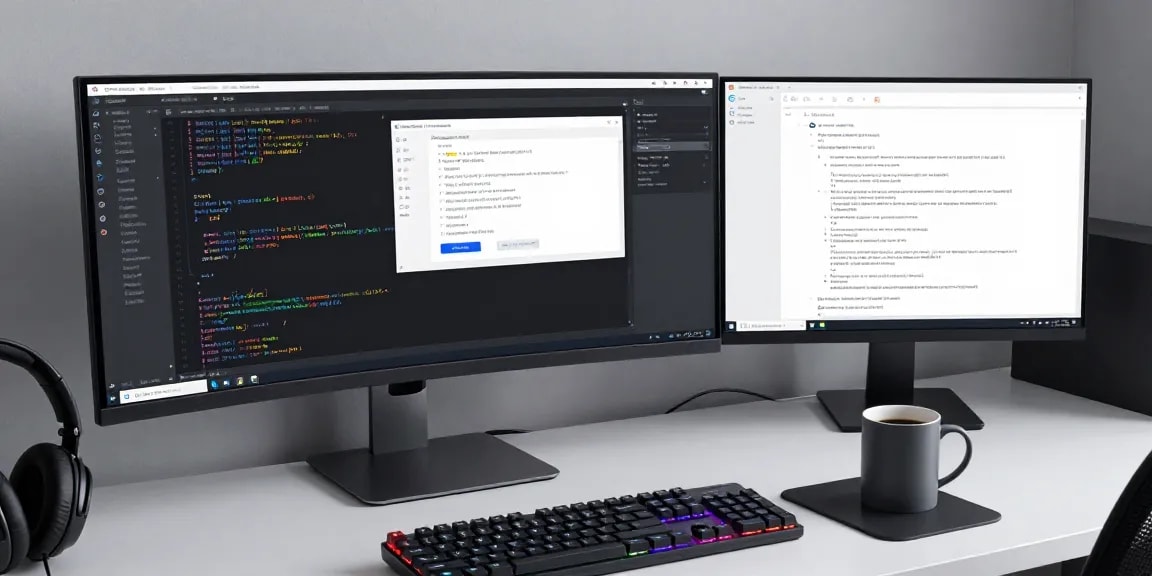 mb66: Advanced software development workspace with coding screen and high-tech gadgets.