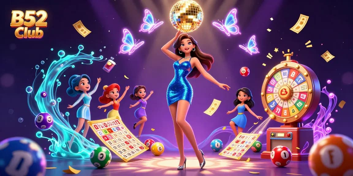 B52 Club showcases an electrifying casino scene with vibrant lottery elements and a glamorous dancer.