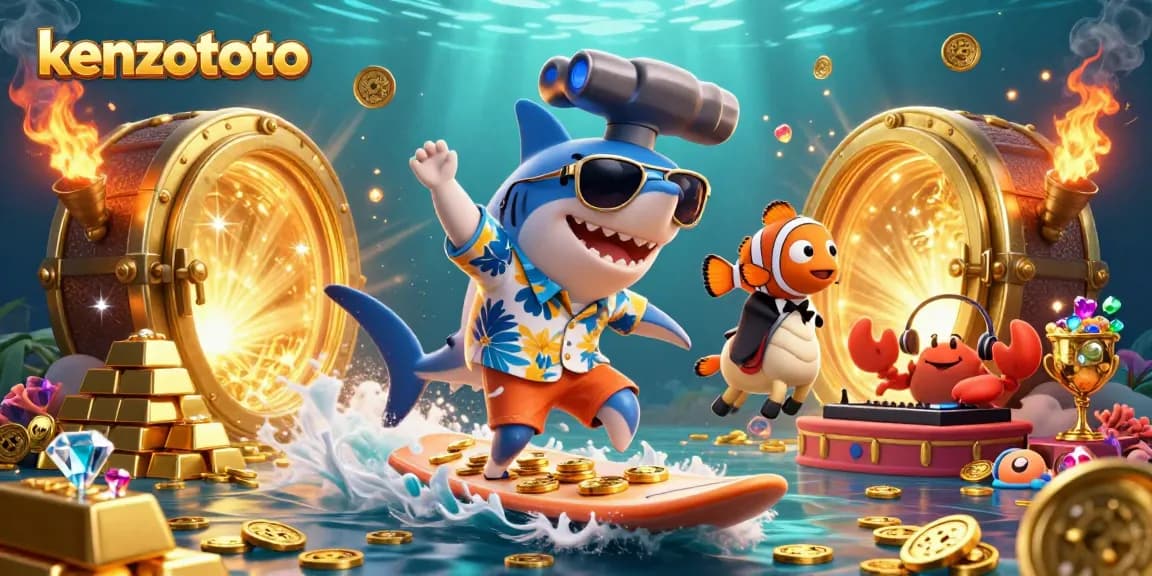 Kenzototo offers an exhilarating gambling experience with a vibrant underwater scene of characters celebrating with gold coins.