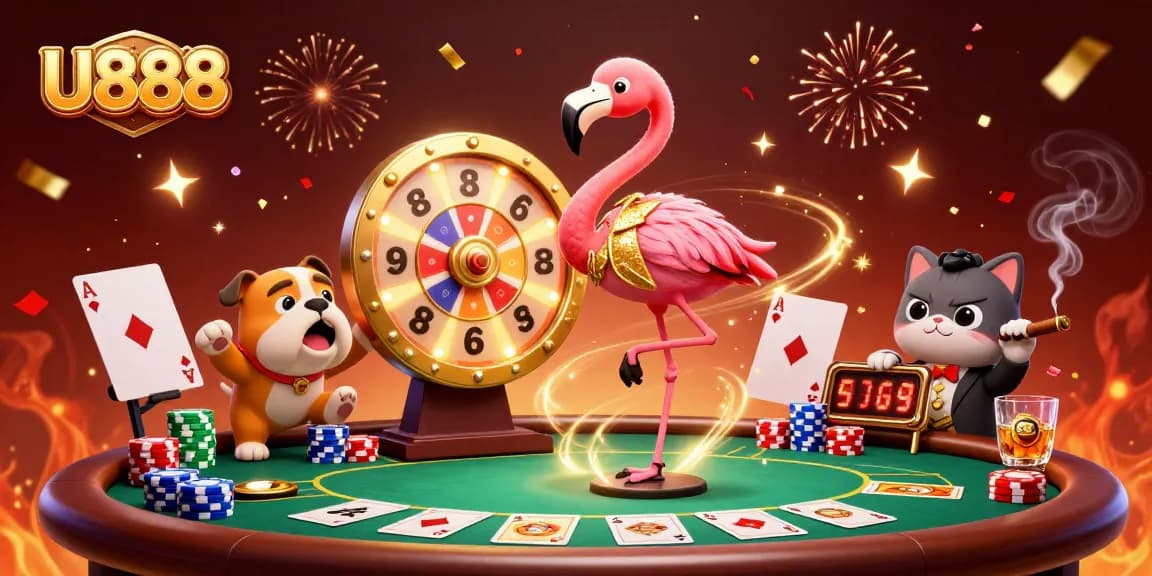 U888 hosts a lively game show scene with a flamingo and bulldog surrounded by a colorful poker table.