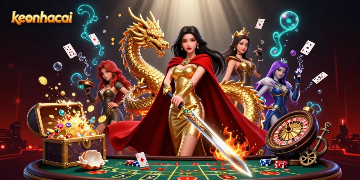 Experience dynamic gaming with keonhacai in this vibrant 3D casino illustration.