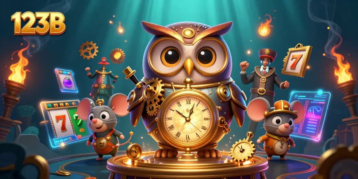 Engage with the vibrant 123B casino world, featuring time-traveling characters and slot machines.
