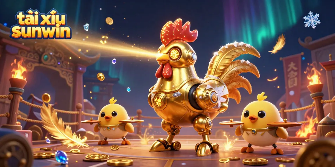 Tài xỉu sunwin-themed illustration with a dynamic golden rooster robot and flying baby chick drones in an energetic gaming arena.