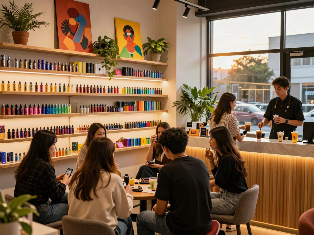 Customers enjoying raz vape products in a cozy urban shop.