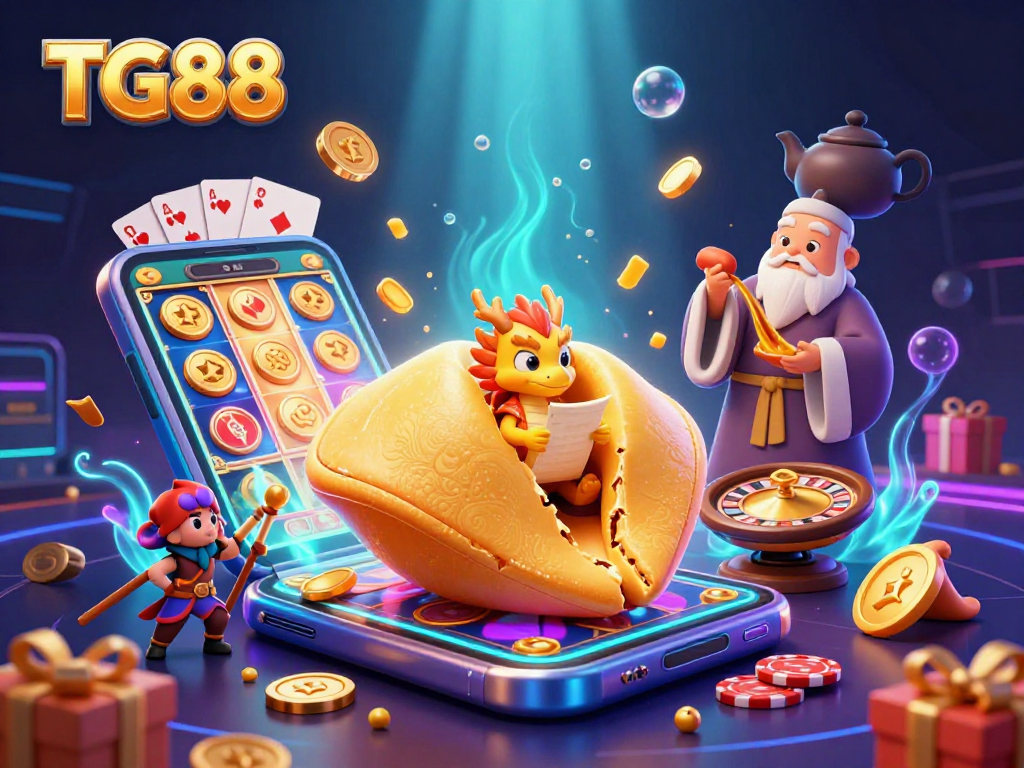 Bet and win at TG88 with a dynamic scene featuring casino games and animated fortune cookies.