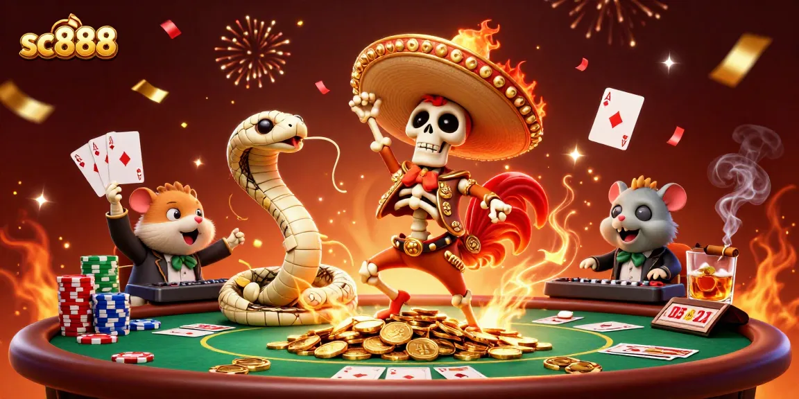 Experience the thrill of gameplay with sc888, featuring colorful characters and poker elements in a festive casino scene.