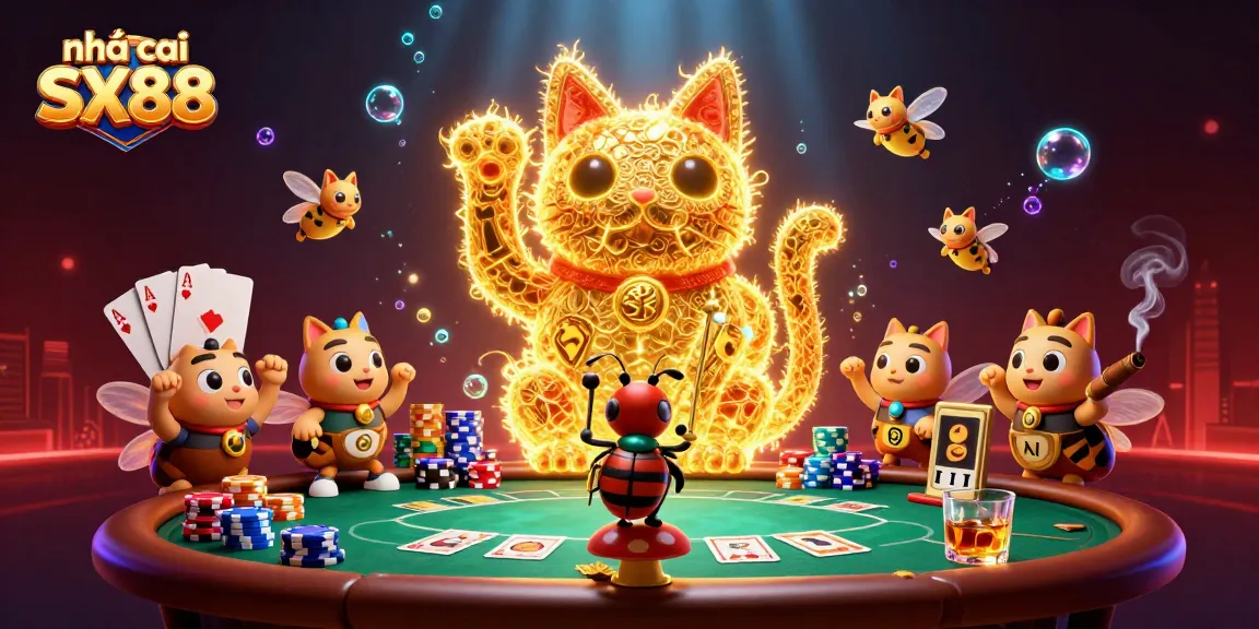Engage in the thrilling world of nhà cái SX88 with a vibrant casino scene featuring a lucky cat made of fireflies.