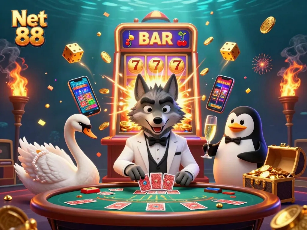Experience thrilling gaming at Net 88 with a vibrant scene showcasing a debonair wolf and elegant characters.