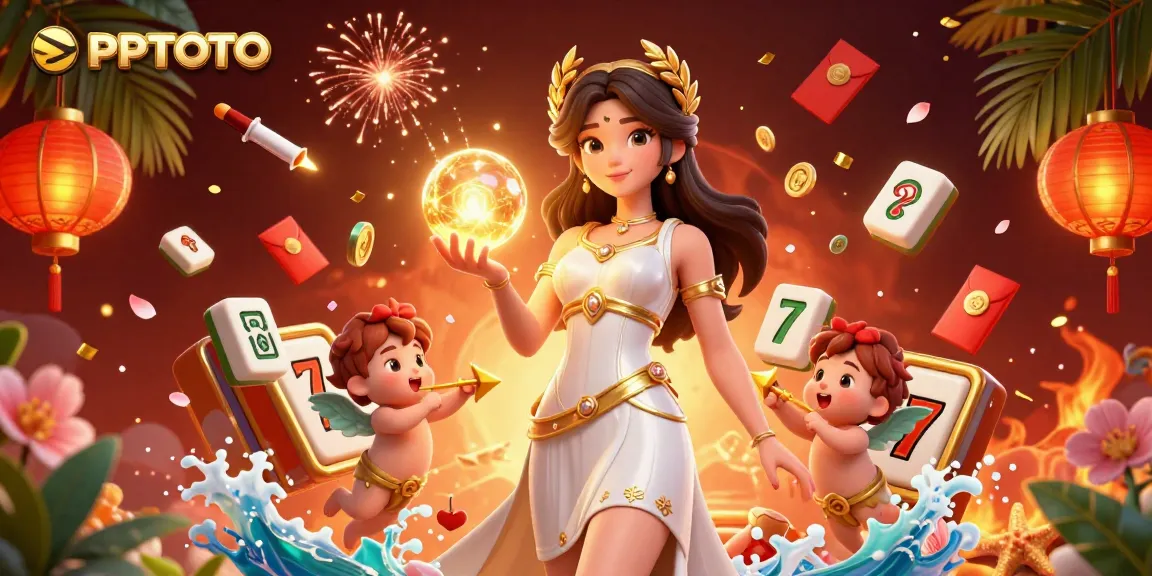 PPTOTO membawa kegembiraan bagi penjudi dengan suasana kasino 3D yang dinamis penuh dengan elemen slot dan karakter cherub.