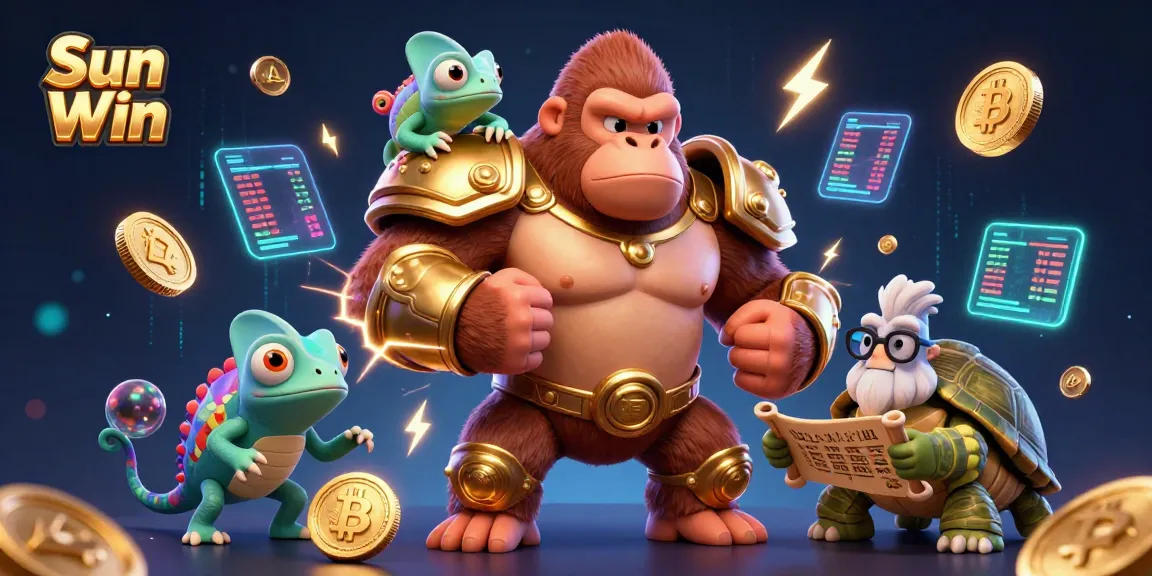 Experience Sun Win with a powerful gorilla in golden armor, crypto coins, and vibrant gaming elements.