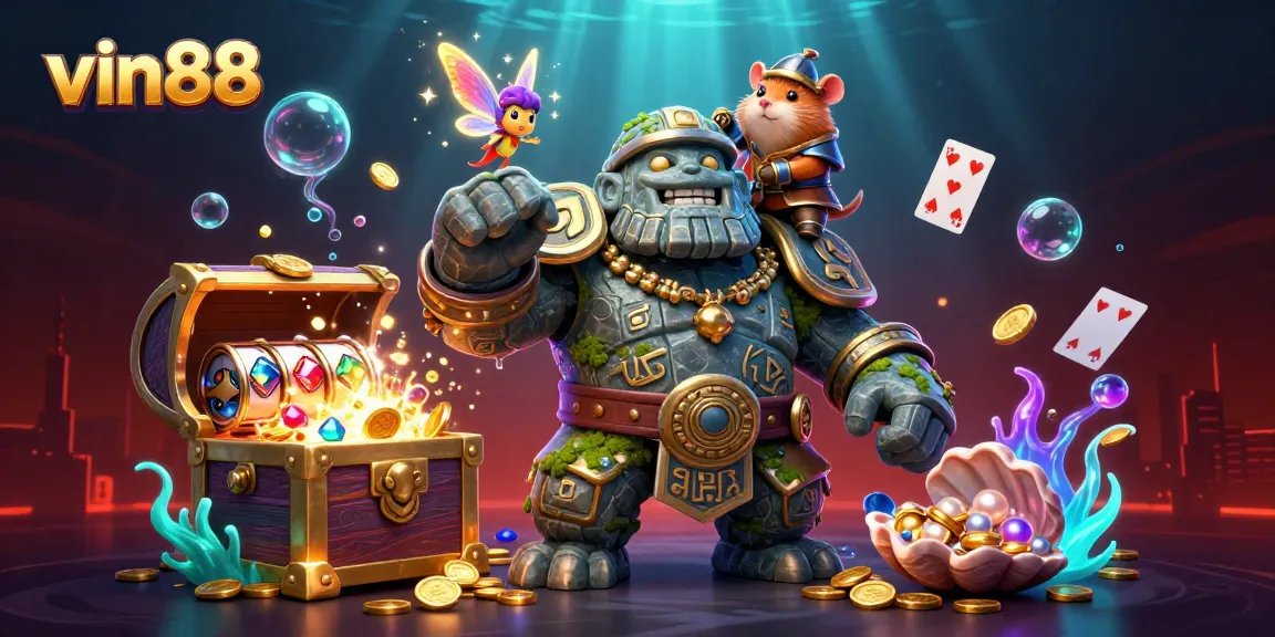 Experience thrilling wins at vin88 with vibrant characters amid spinning slot reels and treasure.
