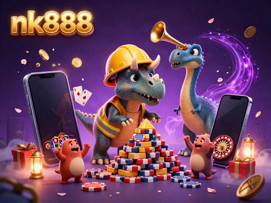 Experience the excitement of nk888 with a thrilling 3D scene of animated characters celebrating casino fun.