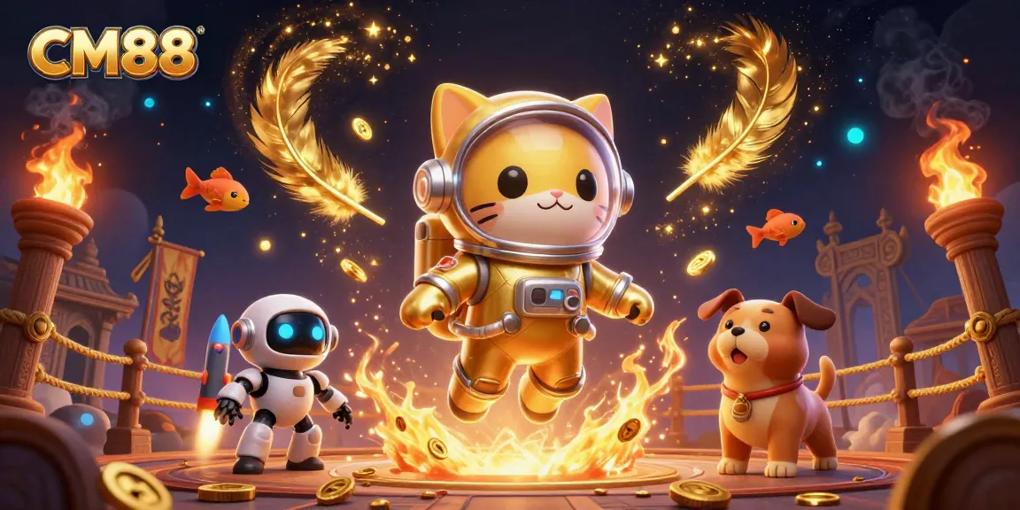 Experience thrilling gaming action with CM88’s vibrant 3D cat astronaut and robot dog surrounded by dynamic casino elements.
