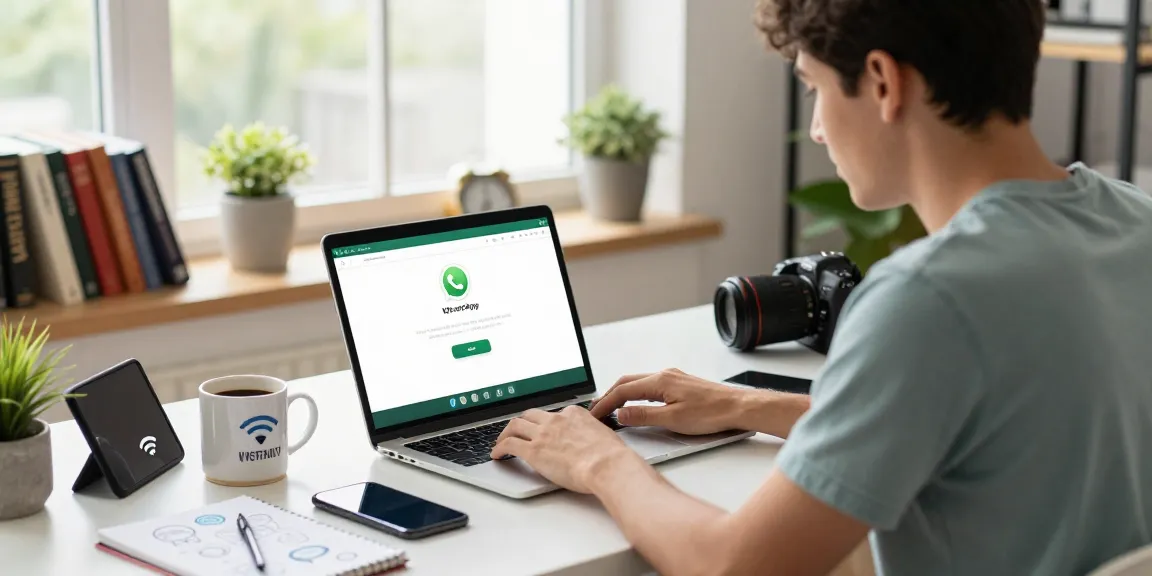 WhatsApp下載 on sleek laptop in a modern home office, showcasing user engagement with technology.
