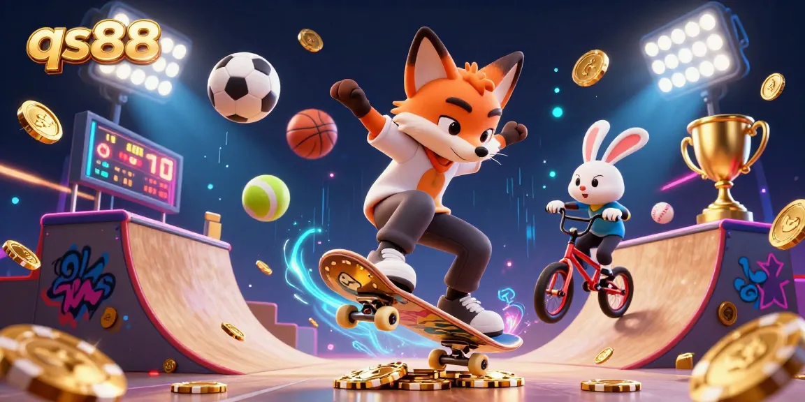 Experience the thrill of qs88 with a vibrant 3D illustration of a skateboarder fox and BMX rabbit in a casino-themed scene.