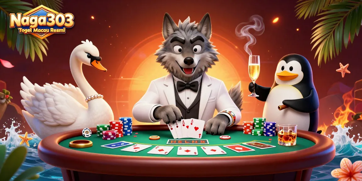 Naga303 Togel Macau Resmi showcases a vibrant casino scene with a debonair wolf, elegant swan, and penguin sommelier.
