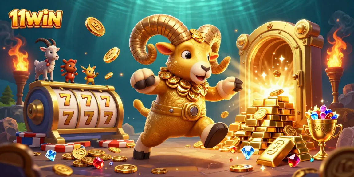 Experience vibrant slot action with the 11WIN golden ram charging through treasures in a scenic 3D illustration.