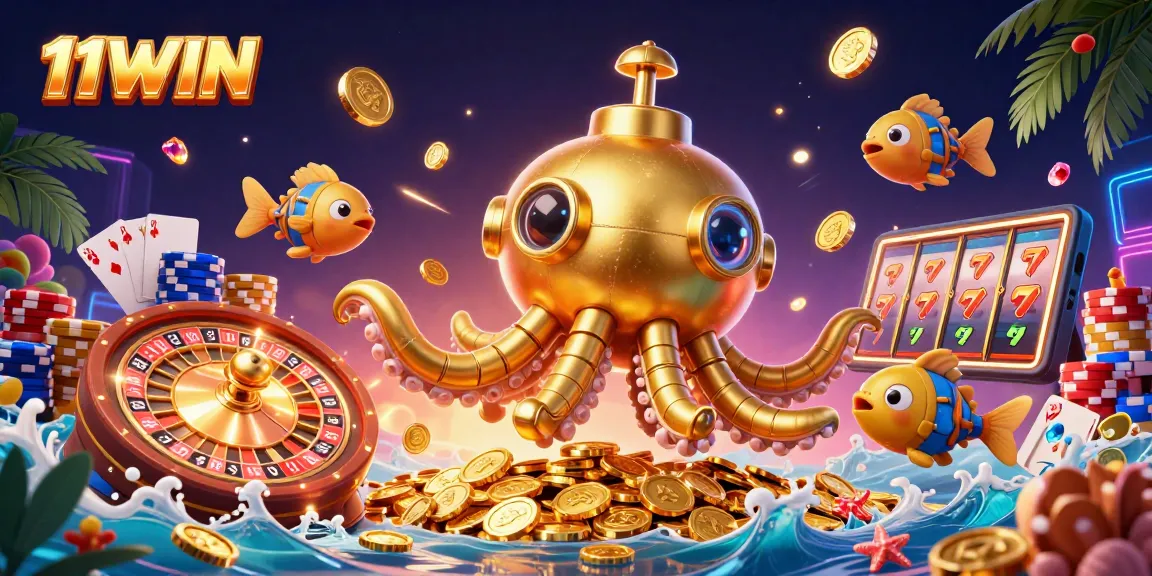 Engage with 11WIN's thrilling adventure featuring a golden kraken submarine and wealth of gambling elements.