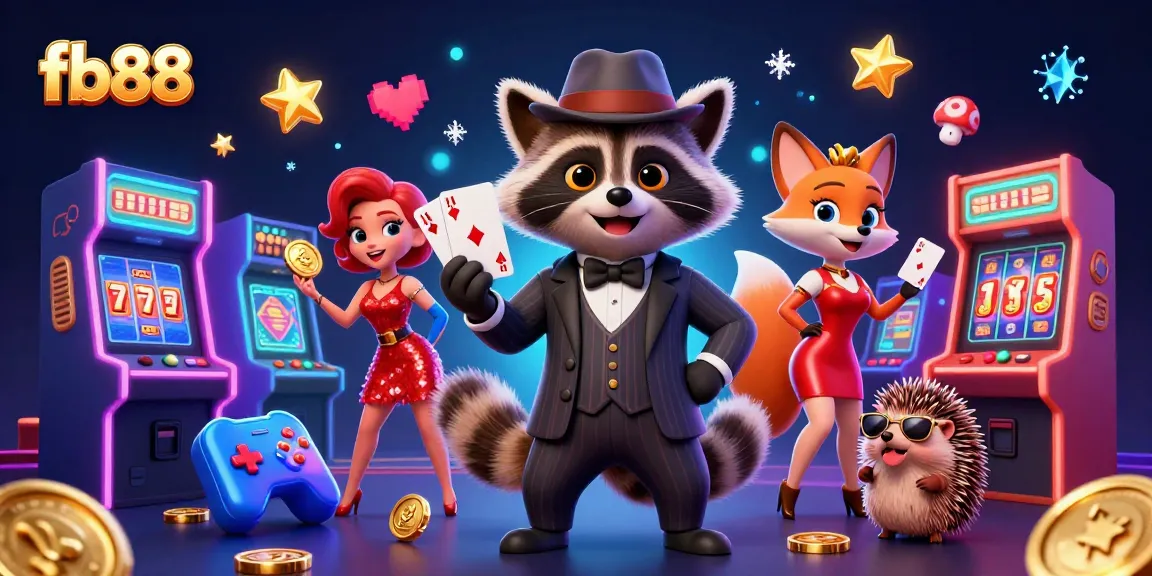 Experience the excitement of fb88 with a raccoon dealer showcasing a royal flush in a vibrant casino atmosphere.