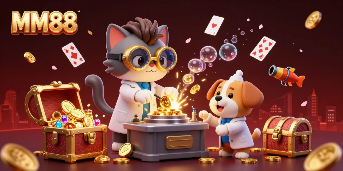 Experience thrilling gameplay at MM88 with a lively scene of a mad scientist cat and dog among sparkling treasures and gaming elements.