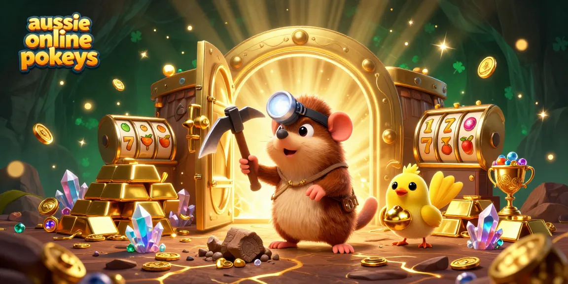 Experience the thrill of aussie online pokies in this vivid treasure scene with slot reels and shining gems.