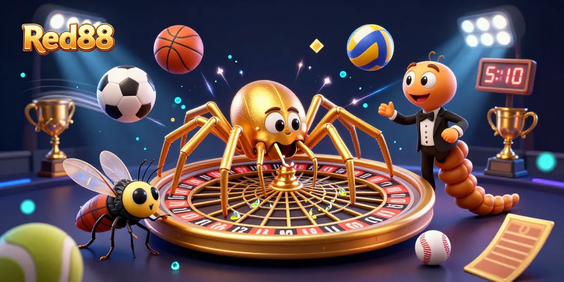 Watch Red88's whimsical golden spider croupier managing bets in an exciting 3D casino scene.