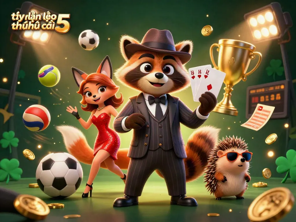 Engaging 3D illustration depicting tỷ lệ kèo nhà cái 5 with a suave raccoon, a fox lady, and a bouncer in a lively casino scene.