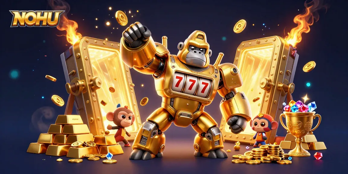 Engage with NOHU's thrilling casino experience featuring a grand golden gorilla mech among sparkling treasures.