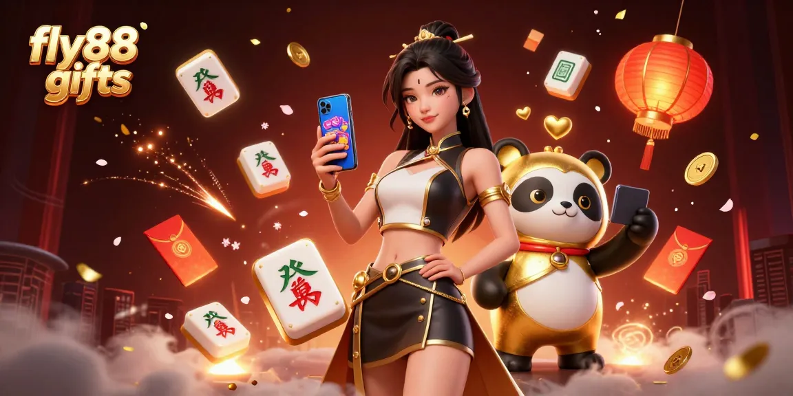 Engage with fly88 gifts through a vibrant casino experience featuring an Asian woman and panda mascot with game elements.