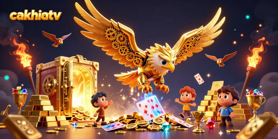 CakhiaTV showcases an exhilarating dive with a cybernetic eagle and holographic cards in a 3D casino scene.