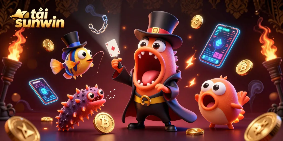 Experience the magic with tải sunwin through a stunning 3D illustration featuring vibrant sea creatures and crypto coins.