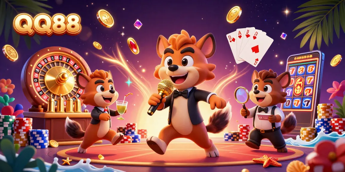 Engage with QQ88 in a vibrant 3D casino scene featuring hyenas as a comedian, bartender, and bouncer amidst dynamic gaming elements.