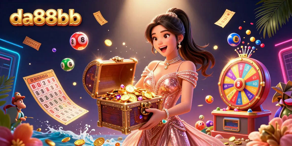 Engage with da88bb's vibrant lottery experience featuring a treasure chest of winnings and dynamic game elements.