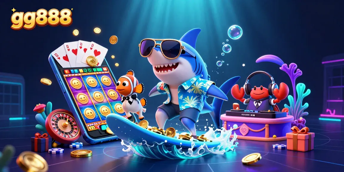 Experience the thrill of gambling with gg888 as a cartoon shark surfs gold coins and a clownfish joins the fun.