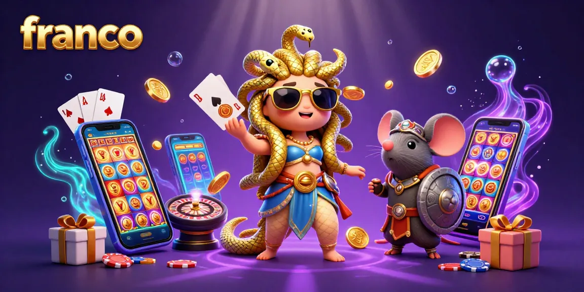 Spin the reels and win with franco in a colorful 3D casino scene featuring Medusa and a warrior mouse.