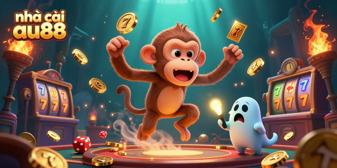 Engaging scene of nhà cái au88 showcasing a mischievous poltergeist monkey and a puppy in a bustling casino