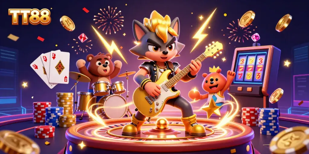 Experience endless excitement at TT88 with a thrilling casino scene featuring a rock star wolf and colorful gaming elements.