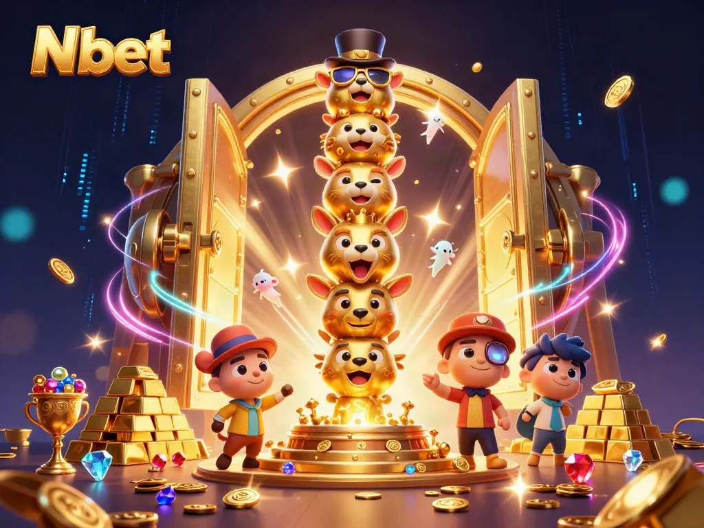 N bet showcases a vibrant 3D totem pole surrounded by dazzling treasures and casino elements.