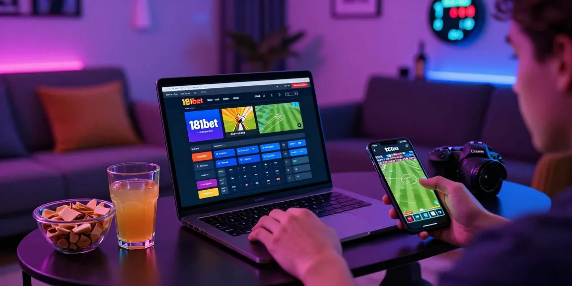 Engaging 181bet online betting experience with lively atmosphere, laptop and smartphone in a cozy setting.