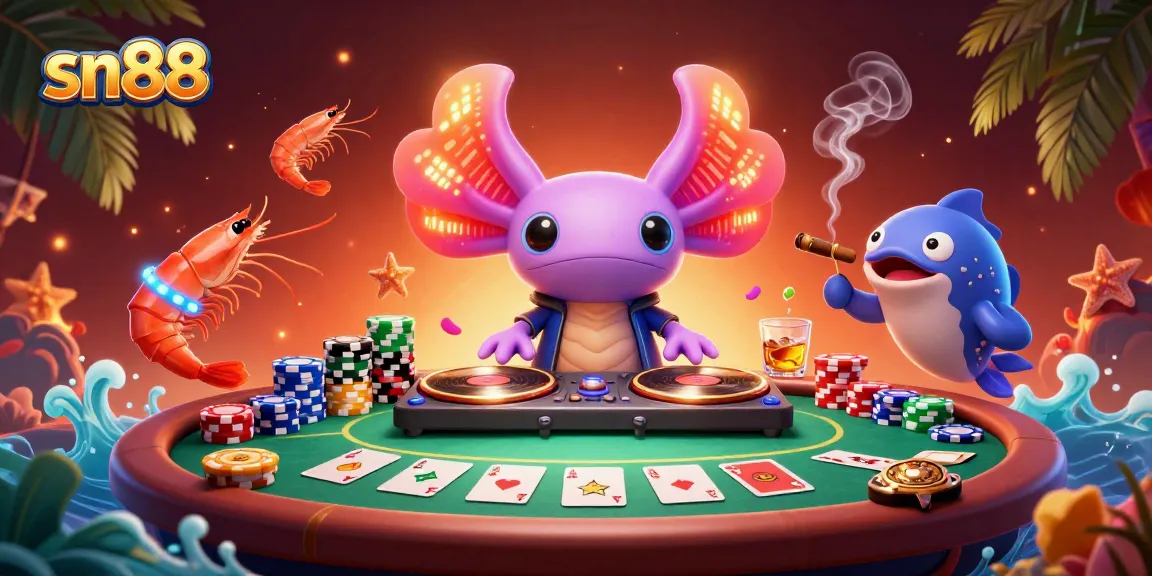 Experience the vibrant underwater excitement at sn88 with a neon axolotl DJ and gambling action.