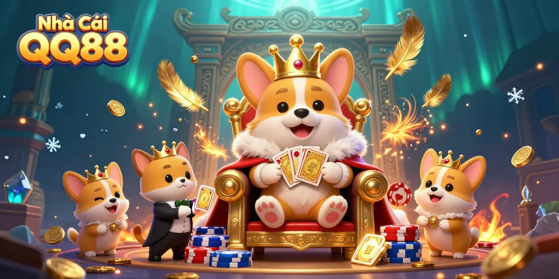 Experience exciting games at Nhà Cái QQ88 with vibrant characters, poker chips, and gold coins around them.