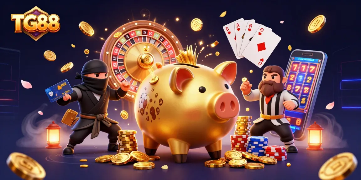 Experience thrilling gameplay at TG88 with a dynamic scene of a golden piggy bank, wallet ninja, and samurai at a casino.