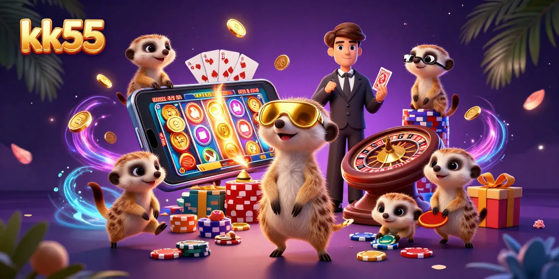 kk55 meerkats run a dynamic casino operation with vibrant game elements in a colorful illustration