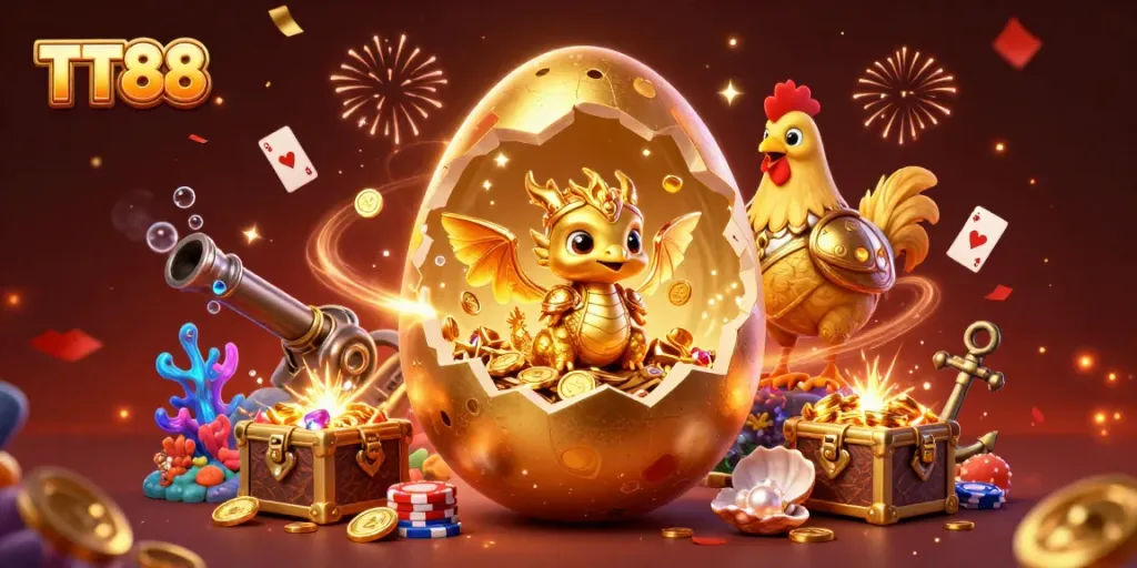 Engage with TT88's thrilling gambling experience featuring a golden baby dragon and poker chips in an explosive casino theme.