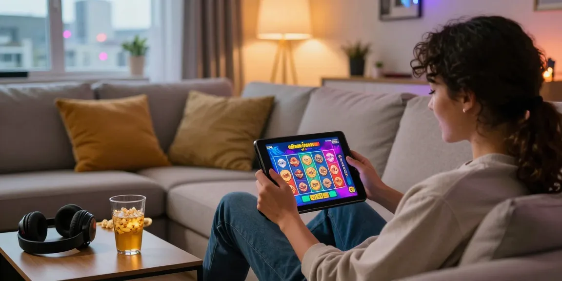 Engaging person playing a demo slot game on a tablet in a cozy living room setting.