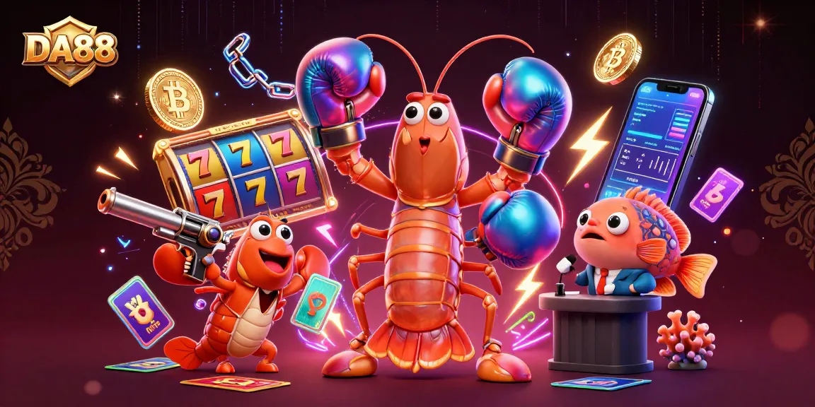 Discover DA88's vibrant gambling scene with 3D shrimp characters amidst slot reels and crypto coins.