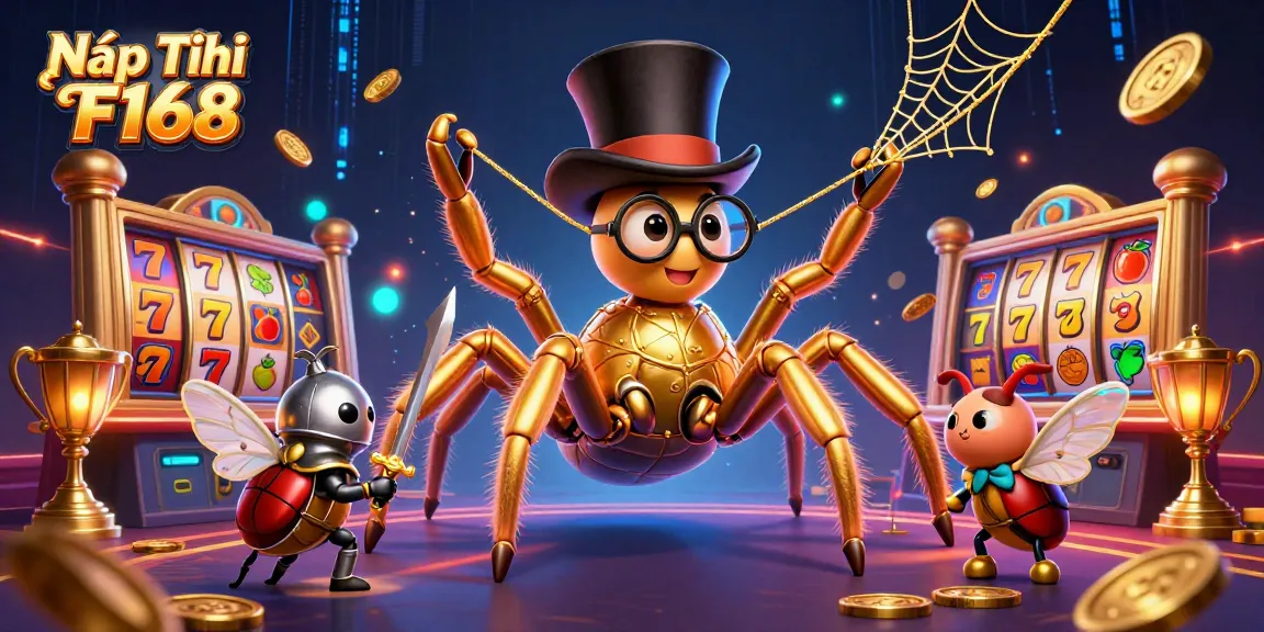 Nạp Tiền F168's vibrant casino scene with a golden tarantula and a knight, showcasing spinning slot reels and gold coins.