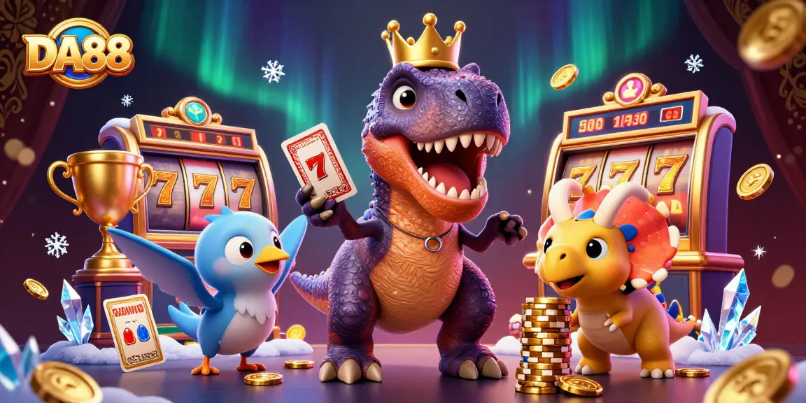 DA88 lively cartoon T-Rex shuffles cards in a casino-themed 3D illustration filled with gambling elements.