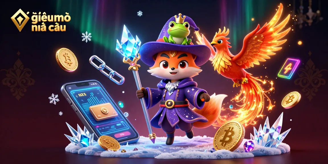 Engage in giải mã nhà cái with a mystical scene of a wizard fox and a phoenix amidst crypto coins.